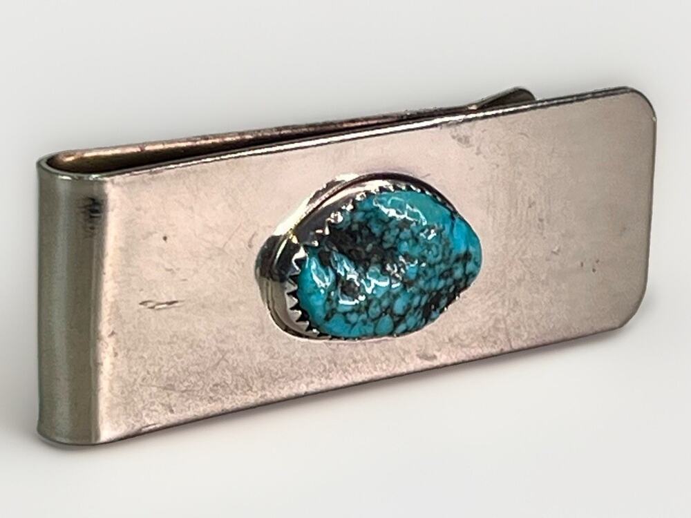 NAVAJO Dorothy Yazzie Kingman Turquoise Sterling Silver Money Clip 14.5g